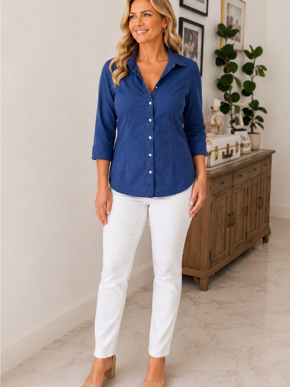 J. Crew Navy Blue Stretch Button-Front top, 3/4 Sleeve, Tailored Fit Large, 90’s